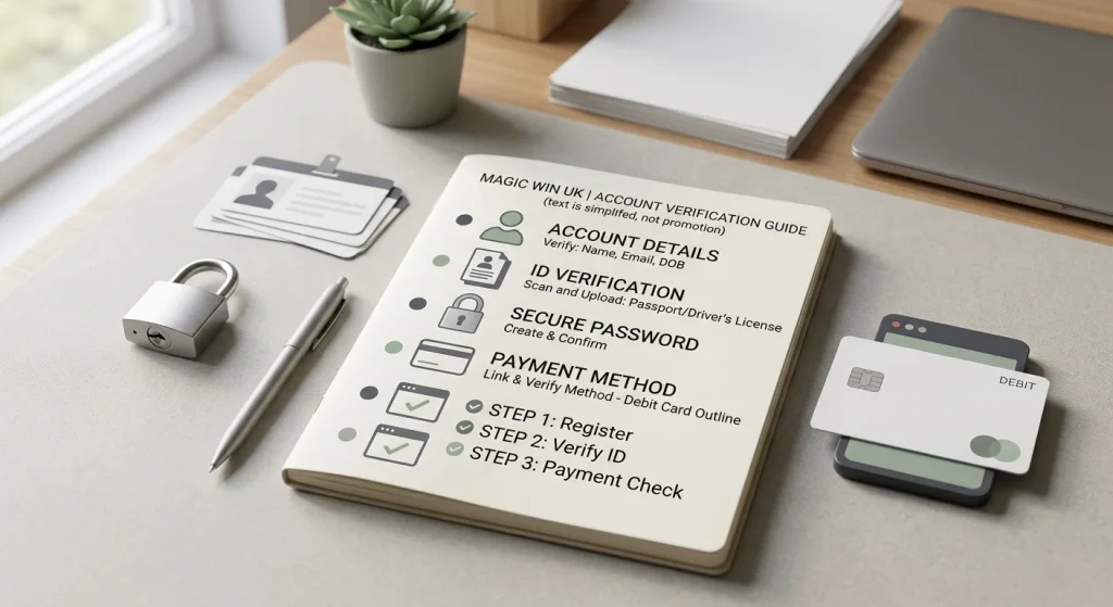 Account setup checklist with lock, document and payment card silhouettes