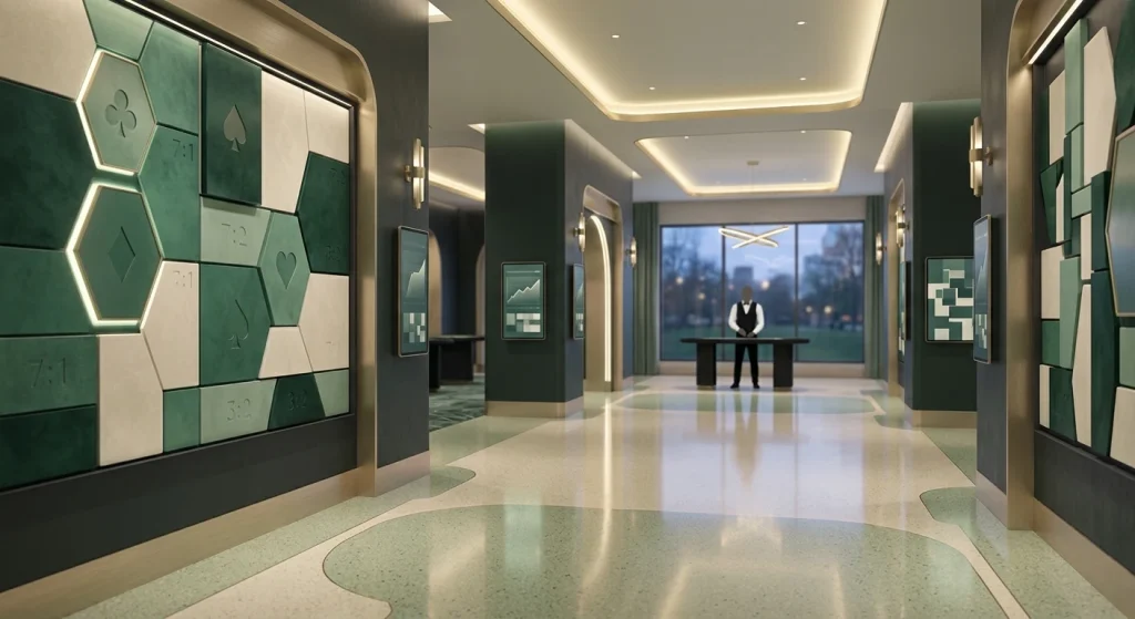 Generic online casino lobby abstraction with slots, cards, live dealer and sports shapes
