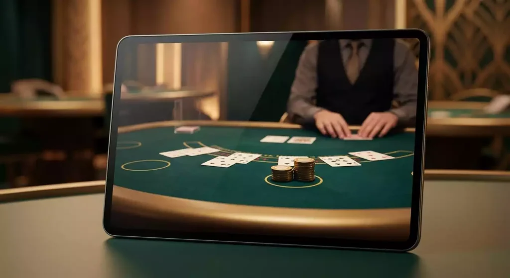 Atmospheric generic live dealer table with cards, chips and a device frame