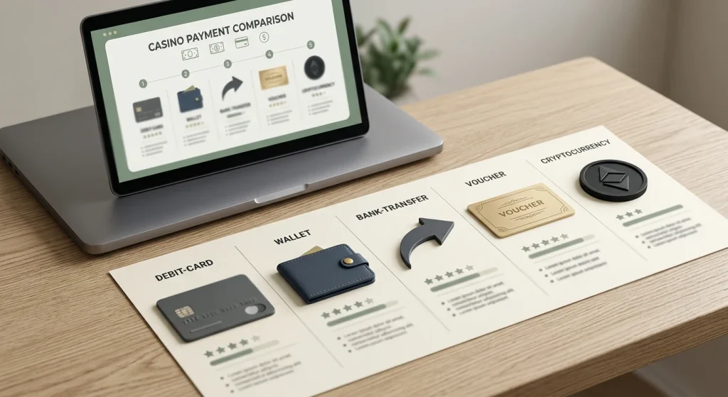Neutral casino payment comparison scene with cards, wallet, bank transfer and crypto symbols