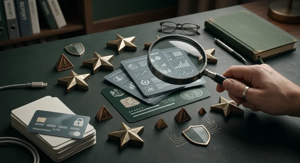 Analytical trust check with a magnifying glass, licence card shape and warning markers