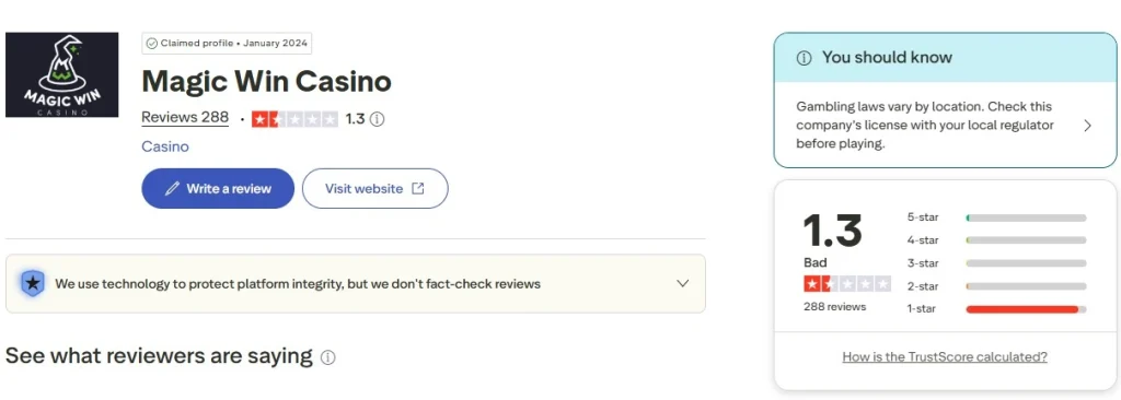 Trustpilot profile screenshot for Magic Win Casino reputation checking
