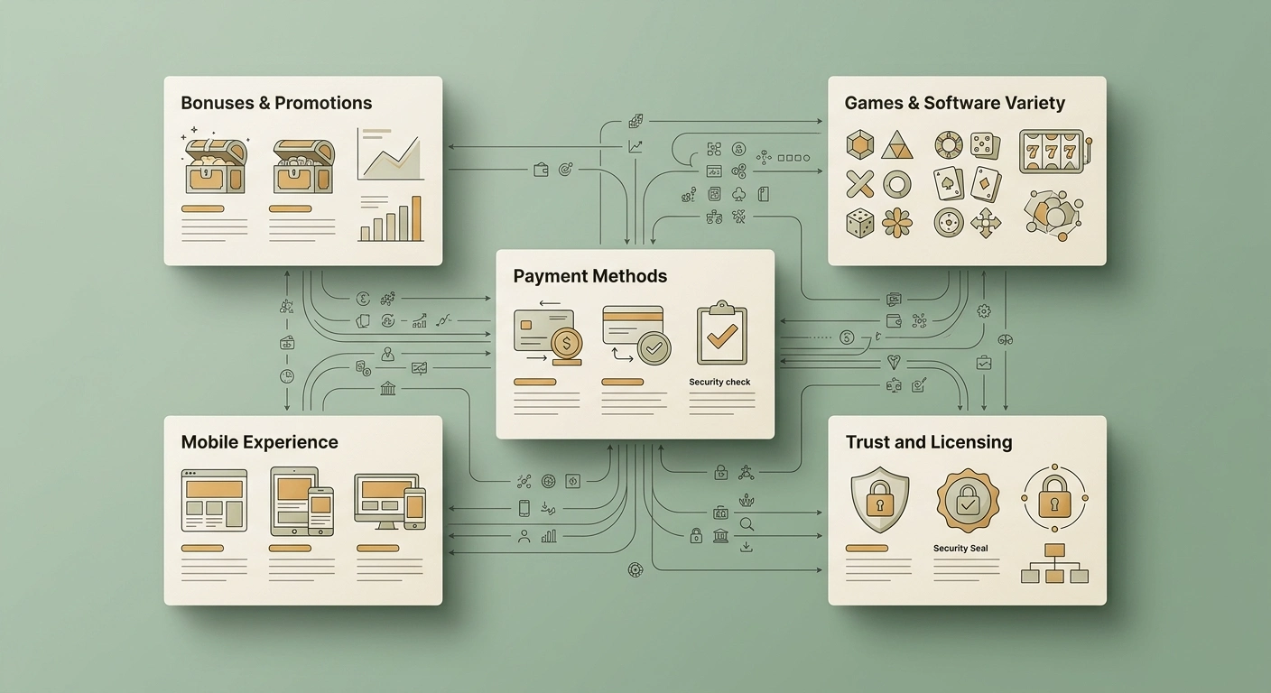 Abstract casino decision map with bonus, games, payments and trust symbols