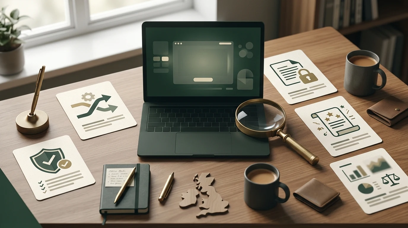 Abstract UK casino review desk with payment, licence and checklist symbols