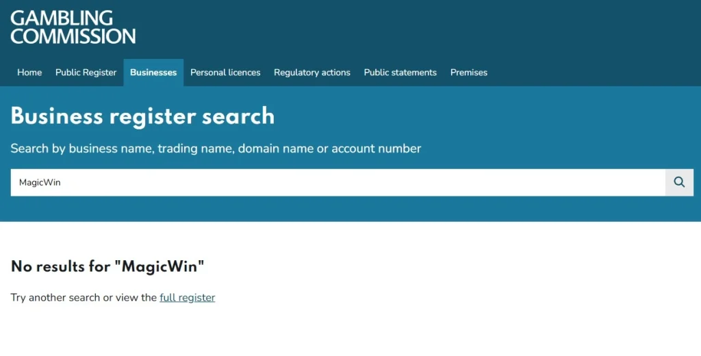 Magic Win UKGC public register licence check screenshot for UK readers